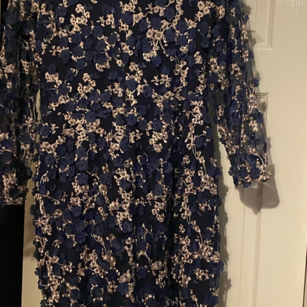 Xscape Blue and Cream Floral Long Sleeve Dress